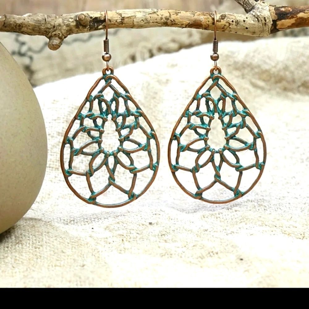 Boho turquoise filigree earrings tear drop bronze earrings